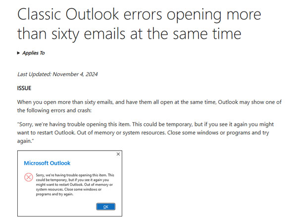 MS 아웃룩 클래식, 60개 이상 메일 동시 오픈시 강제 종료 버그 발생