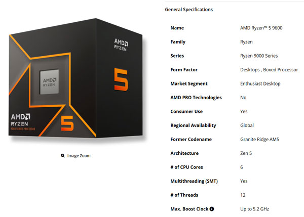 라이젠 9000 시리즈의 첫 Non-X 모델, AMD 라이젠 5 9600 등장